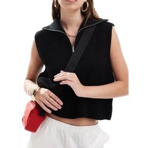 Industry Cropped Boxy Shaker Knit Sleeveless 1/4 Zip Sweater M Black Minimalist